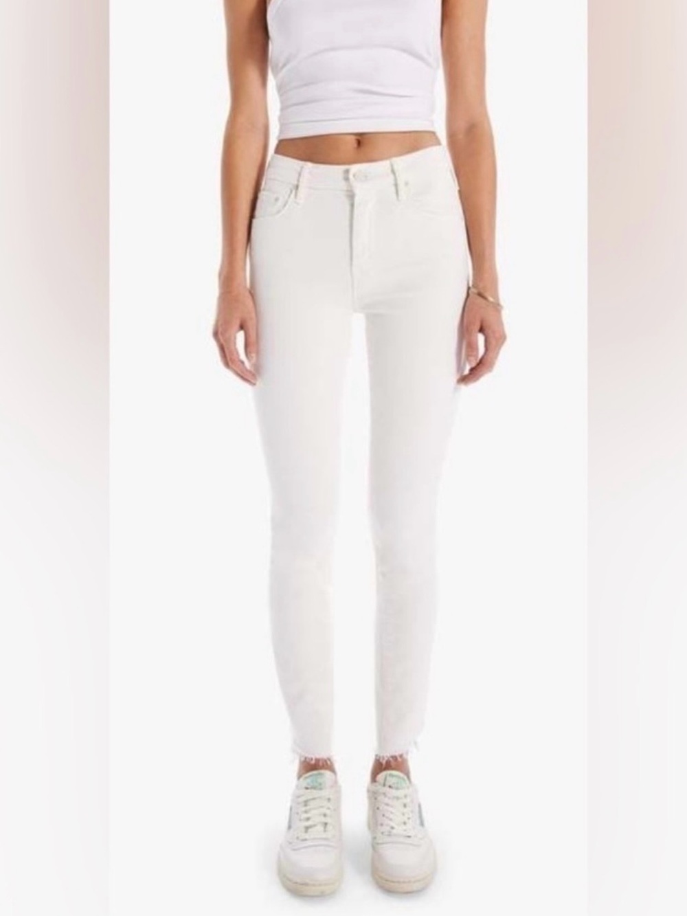 MOTHER The Looker Ankle Step Fray High-Rise Skinny Jeans in Cream Puff